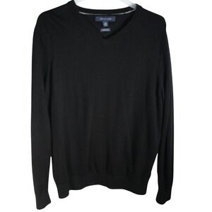 Tommy Hilfiger Mens Black 100% Premium Wool V-Neck Knit Sweater Large L